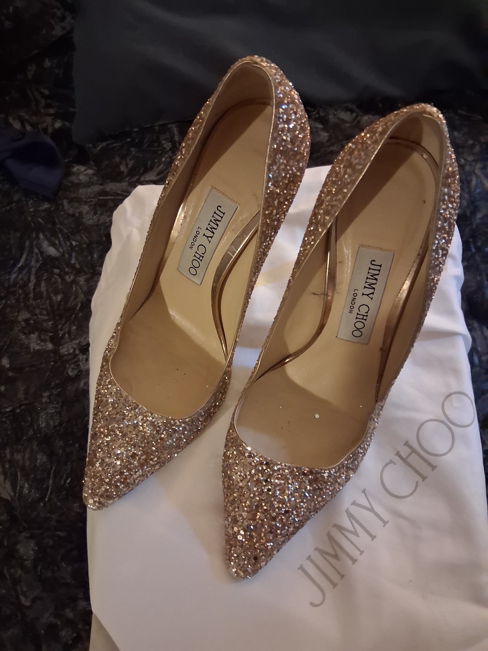 Jimmy Choo Rose Gold Glitter Pointed-Toe Pumps